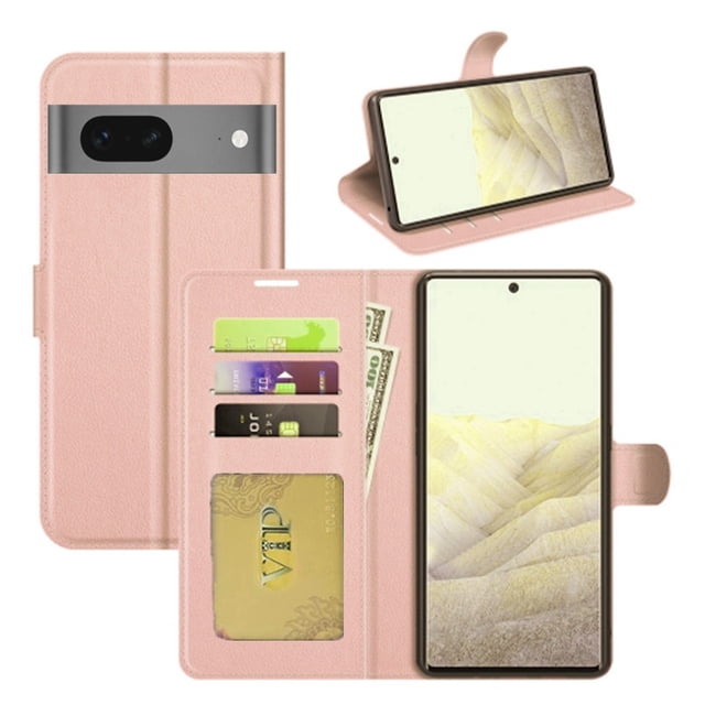 Google Pixel 8 Pro Wallet Case, Leather Magnetic Card Slot Wallet Folio Flip Case Cover in a soft pink tone. Designed for Google phones, it features multiple credit card slots, a pocket for bills, and a magnetic clasp for secure closure. The case doubles as a media stand and is made of premium synthetic leather with TPU inner lining for shock absorption and drop protection.