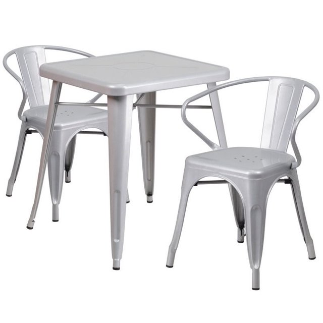 Flash Furniture 3 Piece Square Metal Bistro Dining Set in Silver