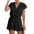 thumbnail image 1 of Women Floral Swiss Dots Short Sleeve V Neck Button Closure Jumpsuit, 1 of 4