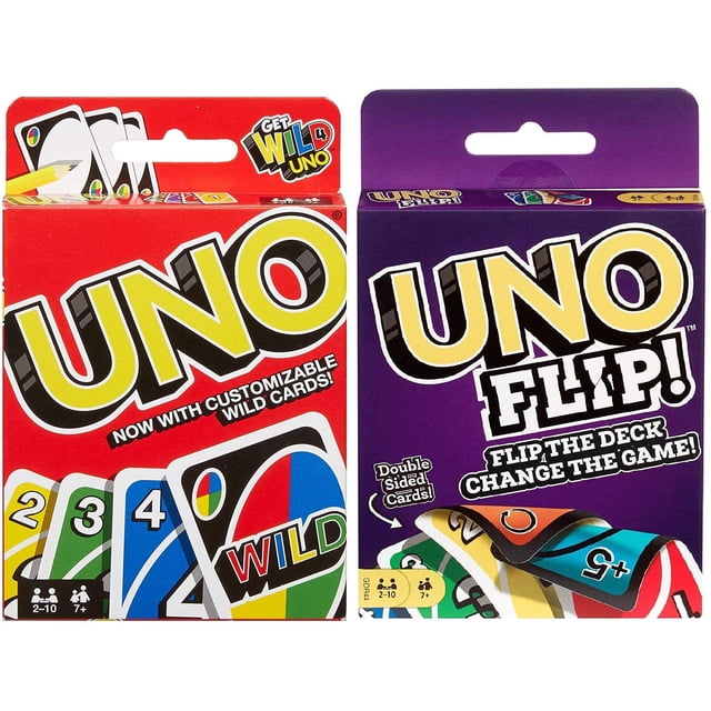 SHAR Uno Flip Card Game, 2-piece combo pack featuring two card games: the classic UNO and UNO Flip. The UNO game includes customizable wild cards, while UNO Flip introduces a double-sided deck and special FLIP cards for added strategy. The packaging displays vibrant red and purple designs with game details, suitable for 2-10 players aged 7 and up.