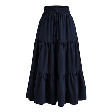 Amzcrzy Skirts for Women Casual Solid Color Maxi Skirt Trendy Elastic Waist Drawstring Long Skirts for Women Pleated Tiered Flowy Summer Skirts