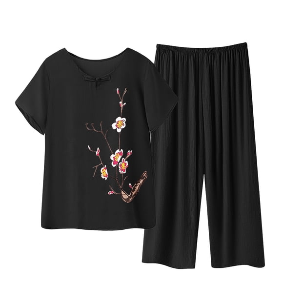 Women Plus Size Pajamas Two Piece Linen Sleepwear Set Short Sleeve Floral Wide Leg Pants Loose Vintage Pjs Pajama Sets Black, 4XL
