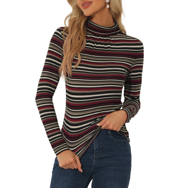 Hauts à Col Roulé à Manches Longues pour Femmes Extensibles Ajustés Noël Xmas Chemise de Fête S Rayé Noir