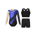 thumbnail image 1 of Zaldita Kids Girls Gymnastics Leotards Shiny Rhinestones Mesh Back Keyhole Unitards Jumpsuits with Crop Tops Shorts Royal Blue 14, 1 of 5