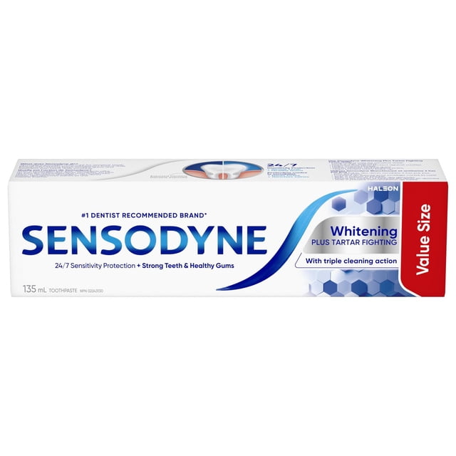 Sensodyne Whitening & Tartar Sensitivity Toothpaste value size 135 mL box with blue and white packaging, highlighting 24/7 sensitivity protection, whitening plus tartar fighting, and triple cleaning action for strong teeth and healthy gums.