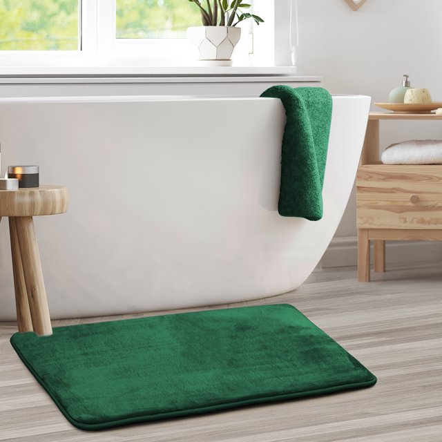 1 Large Clara Clark Bath Mat Bathroom Rug - Absorbent Memory Foam Bath Rugs - Non-Slip, Thick, Cozy Velvet Feel Microfiber Bathrug, Plush Shower, Toilet- Floor Bathmats Carpet - Hunter Green - 20"x32"