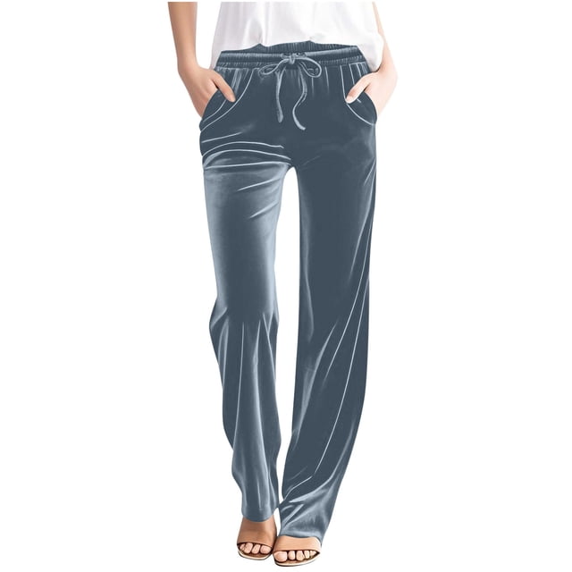 Plebaso Womens Velvet Pants Elastic Waist Drawstring Lounge Pants Straight Leg Trousers with Pockets