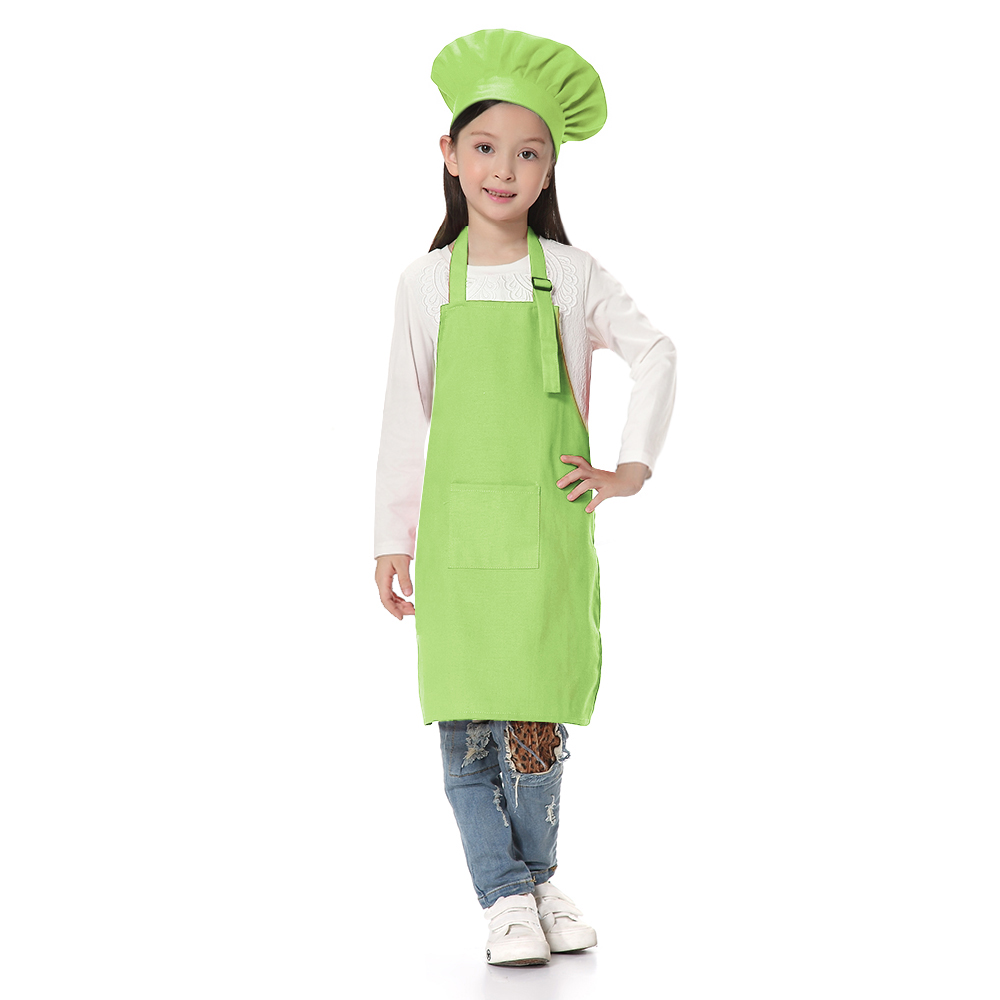 TOPTIE Kids Apron and Chef Hat Set, Adjustable Cotton Child Cooking Kitchen Apron, S-XXL-Green-XXL