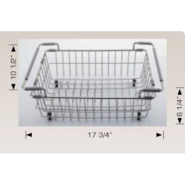 American Imaginations 17.75-in. W Kitchen Basket AI-34869, a rectangular stainless steel wire basket for above counter installation, measuring 17 3/4 inches wide, 10 1/2 inches deep, and 6 1/4 inches high, ideal for organizing kitchen utensils and small items.
