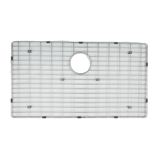 American Imaginations 30-in. W Kitchen Sink Grid AI-34644, a rectangular stainless steel grid with chrome finish and central circular drain cutout, designed for drop-in installation with black protective bumpers to prevent sink damage, suitable for kitchen sink organization and protection.