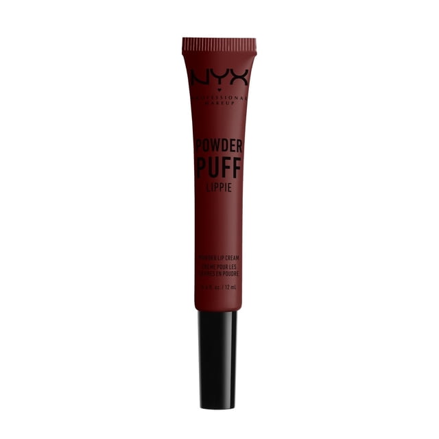 NYX Professional Makeup Powder Puff Lippie Lip Cream in deep red tube with black cap, a lightweight cushion lip cream that glides on smoothly and sets to a powdery matte finish, 12 mL size, ideal for a soft, just-kissed colour look.
