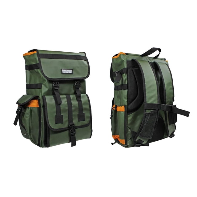 Lunkerhunt LTS Tackle Backpack in green with 30L capacity, shown from front and back, featuring multiple buckle-closure pockets, padded adjustable shoulder straps, orange trim accents, and side compartments for organized fishing tackle storage, ideal for anglers seeking durable, water-resistant gear transport.