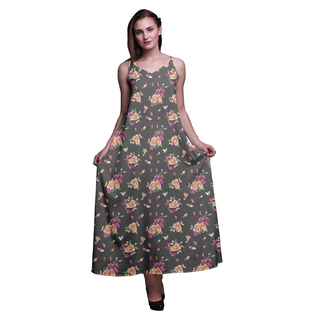 Bimba Robe Longue Maxi de Soirée pour Femmes en Rayonne à Imprimé Floral, Dos Nu, à Bretelles Spaghetti - Très Petit