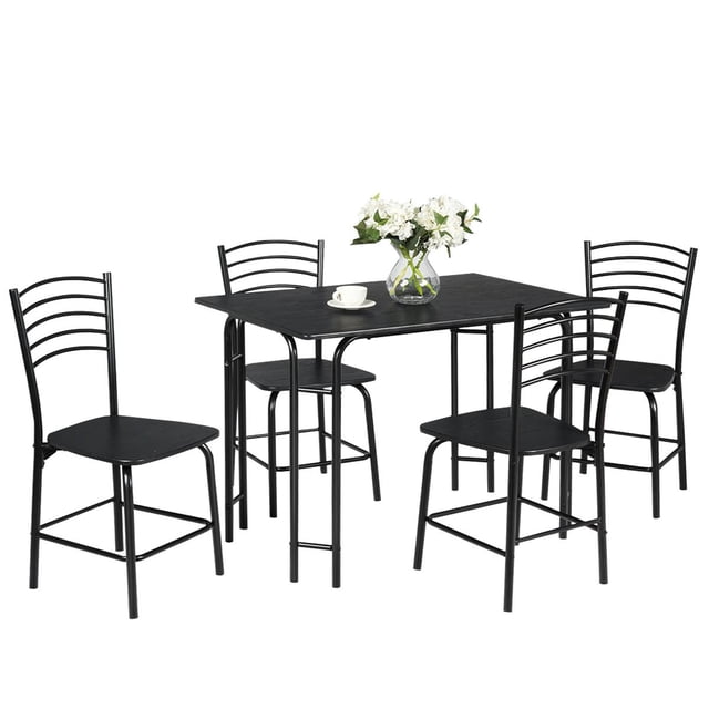 Giantex 5 Piece Dining Set featuring a rectangular black wooden table and four matching chairs with ergonomic curved backrests. The set is crafted from MDF board and rubber wood legs, offering durability and a modern design. The chairs have a slatted backrest for breathability and comfort. Suitable for dining rooms, apartments, or restaurants, this compact set allows chairs to be stored under the table to save space. The table measures 43.5 inches long, 28 inches wide, and 29.5 inches high, while each chair measures 16 inches wide, 18 inches deep, and 35.5 inches high. The set is easy to assemble and maintain.