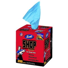 Kimbery Clark Scott Paper Shop Towel 75190 Scott; Cloth; Blue; 9 Inch Width X 12 Inch Length; Single Center-Pull Box Of 200. The image shows a red portable pop-up box with Scott branding, dispensing a blue shop towel from the center. Designed for cleaning grease, oils, and spills, these ultra-strong, disposable towels are ideal for automotive repair and maintenance tasks.