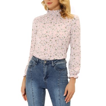INSPIRE CHIC Women's Smocked Ruffled Neck Long Sleeve Floral Blouse S Pink