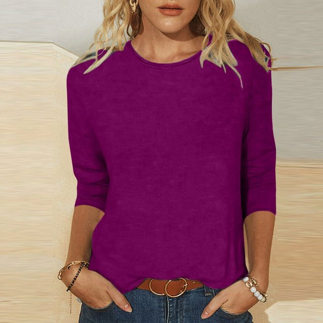 CHUANK T-Shirt Ajusté à Col Rond Mignon pour Femmes, Décontracté, Mi-Long, Manches 3/4, Blouse Extensible, Basique, Uni, Hauts