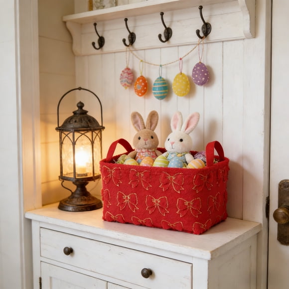 Velvet Storage Basket with Handles, Embroidery Decor, Large Capacity Organizer for Home Laundry and Clutter, Red