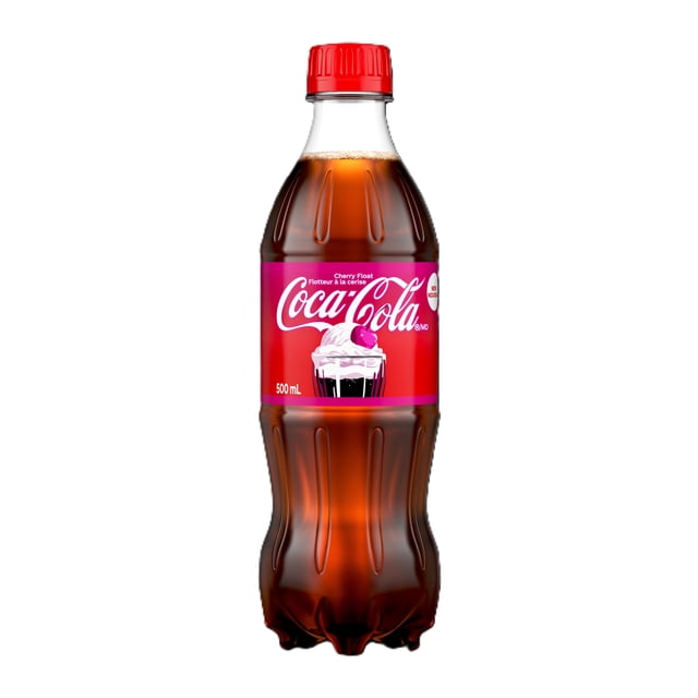 Coca-Cola Cherry Float 500 mL plastic bottle with red screw cap, featuring a red label with the Coca-Cola logo and an illustration of a cherry float dessert topped with whipped cream and a cherry, containing cherry-flavored cola blended with creamy vanilla reminiscent of ice cream, suitable for a refreshing nostalgic soft drink.