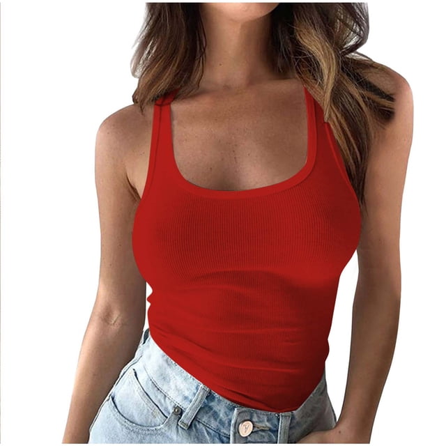 Timegard Womens Summer Tank Tops Knitted Ribbed Round Neck Sleeveless Shirts Casual Solid Color Trendy Top