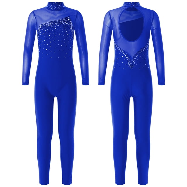 TiaoBug Girls Ice Skating Jumpsuit Rhinestone Mock Neck Competition Figure Skating Dancewear Royal Blue 10