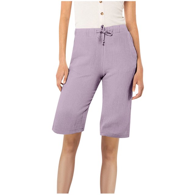 AherBiu Womens Shorts Casual High Waisted Drawstring Relaxed Fitted Short Summer Knee Length Shorts