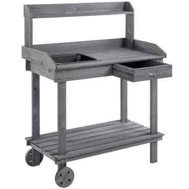 Outsunny 36' Wooden Potting Bench Gray Solid Wood Work Table with 2 Removable Wheels