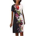 thumbnail image 1 of Robes à Manches Courtes pour Femmes, Teinture sur Nœuds Floral, Col en V, Robe Midi Évasée, Été, Décontractée, Coupe Ample, Robe à Enfiler Longueur Genou, 1 of 6
