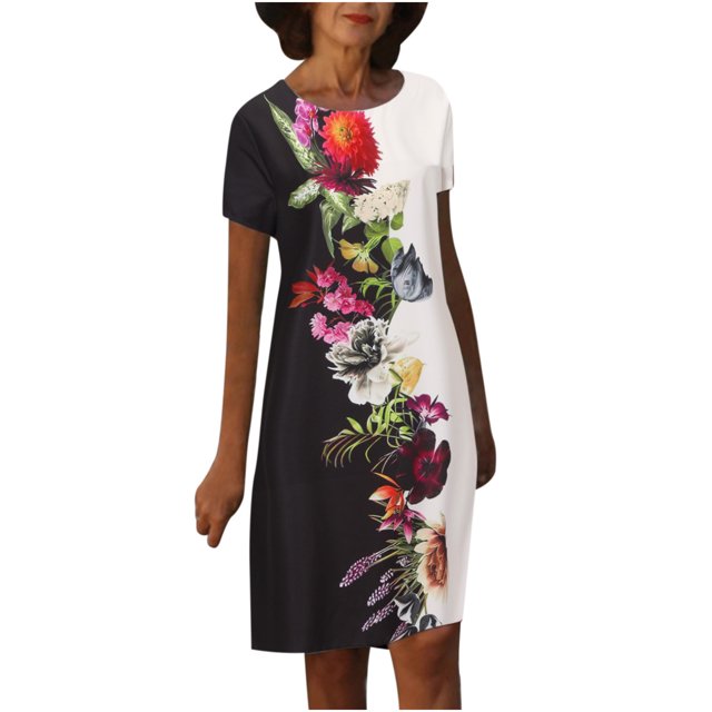 Robes à Manches Courtes pour Femmes, Teinture sur Nœuds Floral, Col en V, Robe Midi Évasée, Été, Décontractée, Coupe Ample, Robe à Enfiler Longueur Genou
