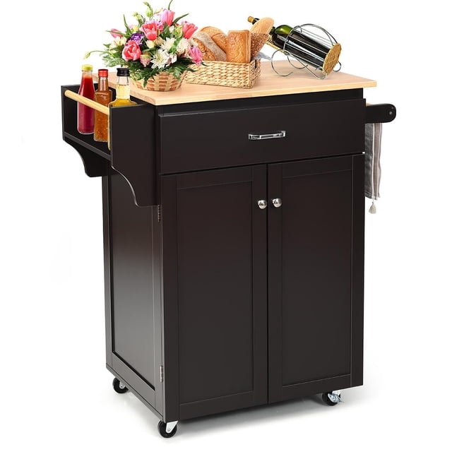 Giantex Kitchen Island w/Storage Cabinets, Trolley Cart w/Adjustable Height Shelves & Wheels, Spice Rack, Towel Rack, Espresso