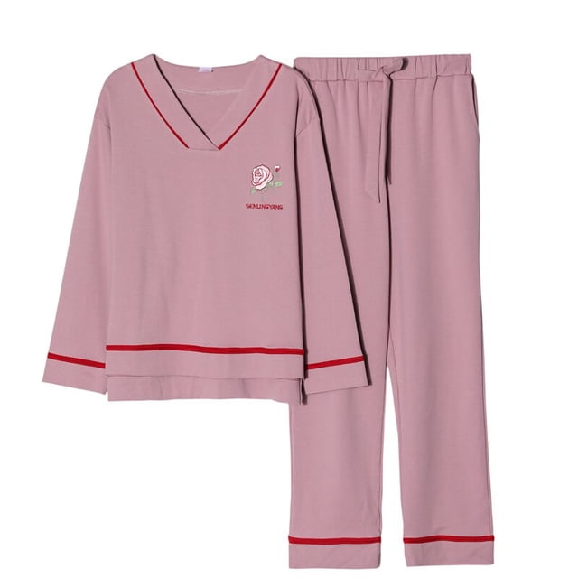 REDHOTYPE Nouveaux Pyjamas Simples en Coton Doux pour Femmes 2 Pcs Grande Taille 3TG Manches Longues Décontractées