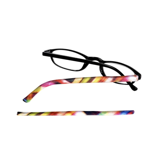 Templesox Eyewear Sleeve Arm Covers Comfort Color, Fruit Punch Small. Black-framed eyeglasses with vibrant fruit punch-colored spandex/nylon temple sleeves designed for comfort and ease of use. Ideal for enhancing eyeglass wear comfort and suitable for eye care accessories.