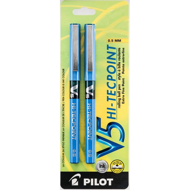 Pilot V5 Roller Ball Pens 2 pack - Blue containing two blue liquid ink rollerball pens with 0.5 mm extra fine tips, metal clips, and visible ink supply on a yellow-green card with Pilot branding and acid-free ink labels, suitable for precise, smooth writing.