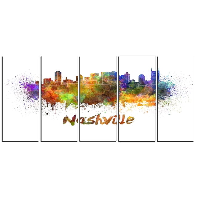 Design Art Las Vegas Skyline Canvas Print featuring a five-panel gallery wrapped cotton canvas with a colorful abstract watercolor Nashville skyline. The print shows vibrant splashes of green, orange, purple, and blue with white linear building outlines above the word 'Nashville' in artistic script. Ready to hang wall art suitable for home or office décor.