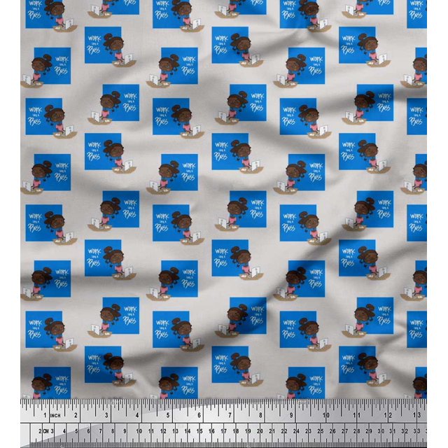Soimoi Blue Rayon Fabric Monitor & Bossy Girl Print Fabric by the Yard 56 Inch Wide