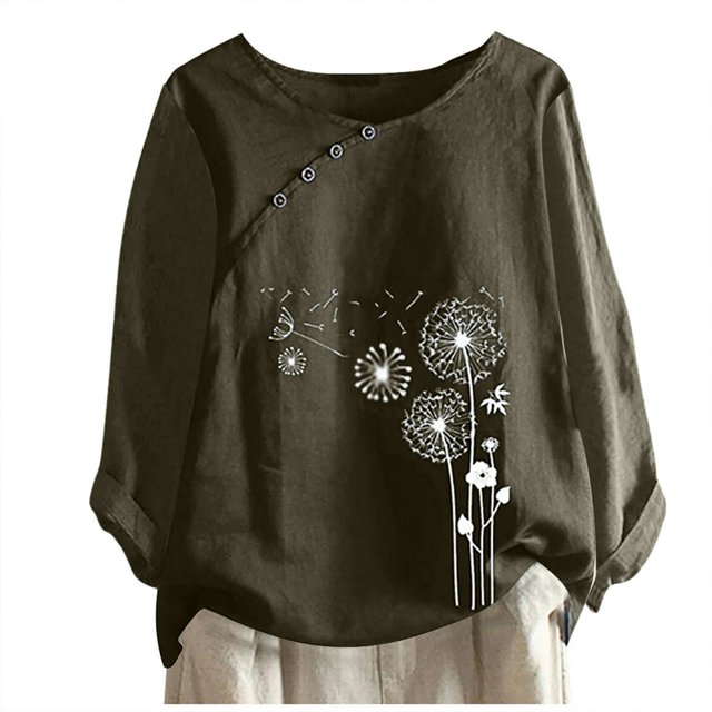 CHUANK Hauts pour Femmes en Liquidation à Moins de 10$ Hauts pour Femmes Décontractés Printemps Été Manches Longues Coton Lin Imprimé Graphique Pissenlit Col Rond Blouses Vintage Grande Taille