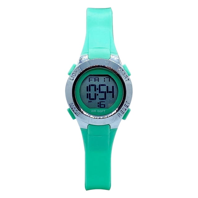George Montre Numérique pour Femmes avec Bracelet en Caoutchouc Vert Menthe et Boîtier Arrière en Acier Inoxydable Argenté, Dotée d'Un Affichage Numérique Rond de 28 mm avec Alarme, Chronomètre, date et Fonctions de Rétroéclairage EL, Résistante à l'Eau jusqu'à 30 Mètres, Convient au Port Sportif au Quotidien.