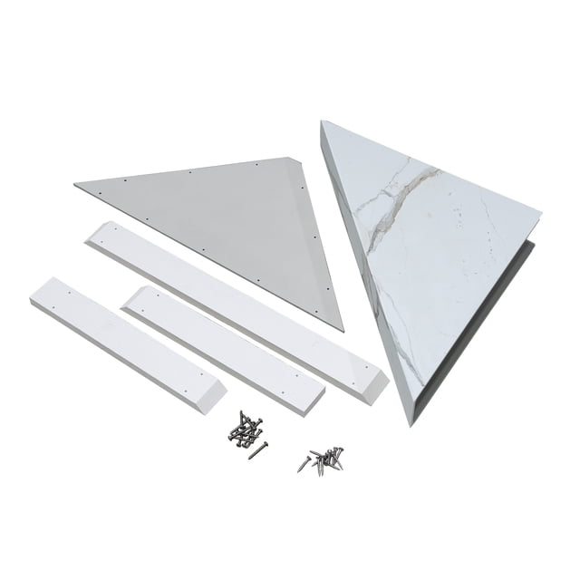 Palisade Shower Bench in Carrara Marble / Urban Glacier, shown disassembled with all components laid out. Includes a triangular PVC bench surface with a Carrara marble finish, a matching triangular support panel, two rectangular mounting brackets, and a set of screws for installation. Designed for easy installation over Palisade tiles, this waterproof bench supports up to 500 lbs and complements Palisade finishes.