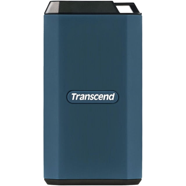 Transcend 1TB External SSD model 410C with a blue rectangular casing and black top and bottom edges, featuring the Transcend logo on the front, offering portable storage with USB Type-C connectivity and high-speed data transfer up to 2000MB/s, suitable for secure and durable external hard drive use.