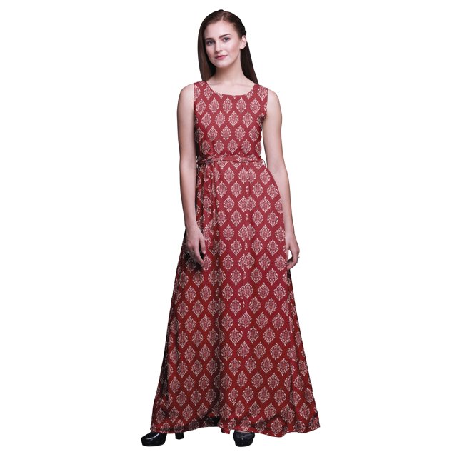 Bimba Robe Longue Maxi à Col Rond pour Femmes en Damas Imprimé, Robe de Soirée - Grand