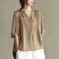 thumbnail image 4 of Pisexur Haut à Manches Courtes à Col Rond Brodé Rétro à la Mode pour Femmes, Hauts pour Femmes, Blouses Habillées Décontractées, Hauts pour Femmes Kaki, 2TG, 4 of 4