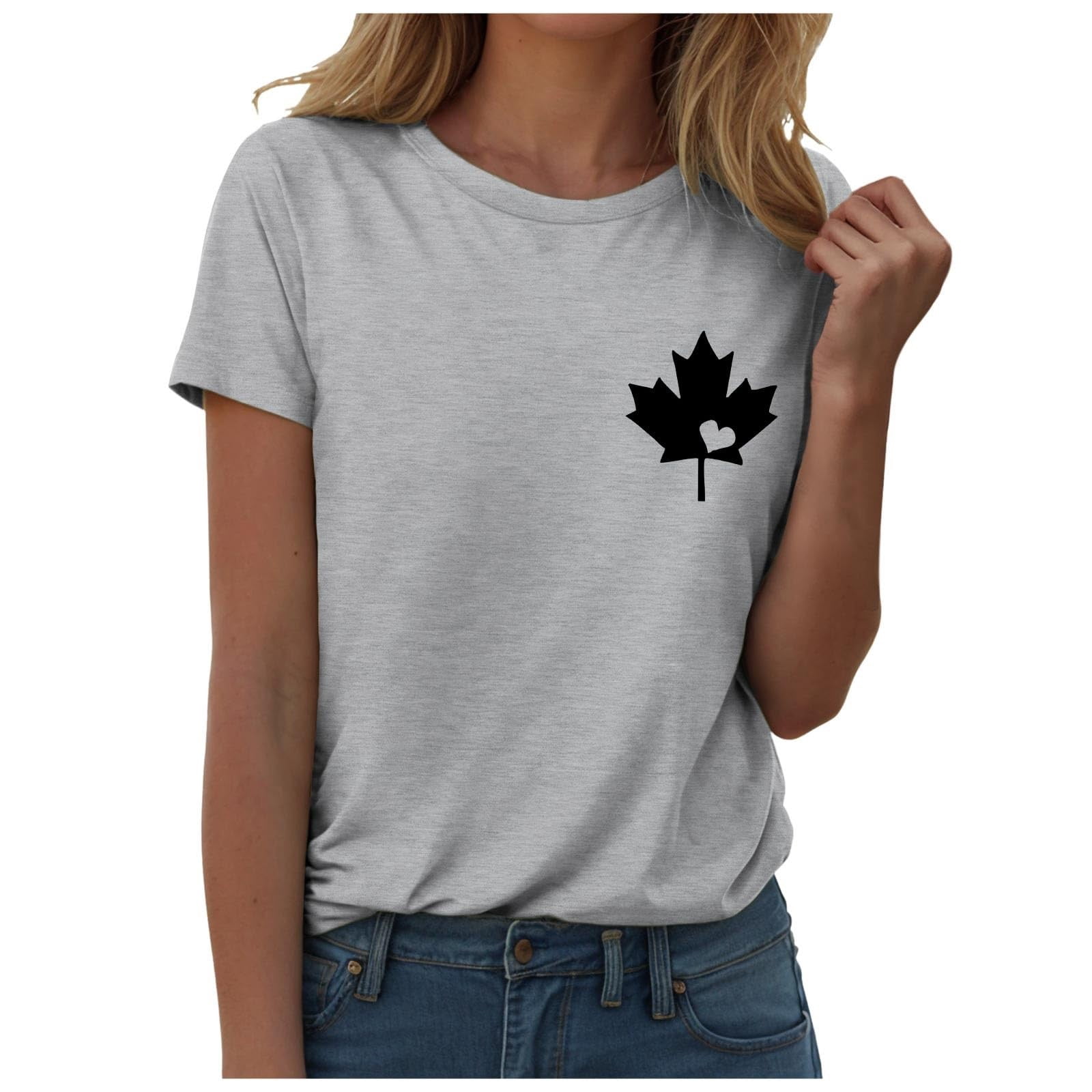 WEIYLL T Shirts for Women Canada Maple Leaf Print Proud Statement Grey Tees Sizes M