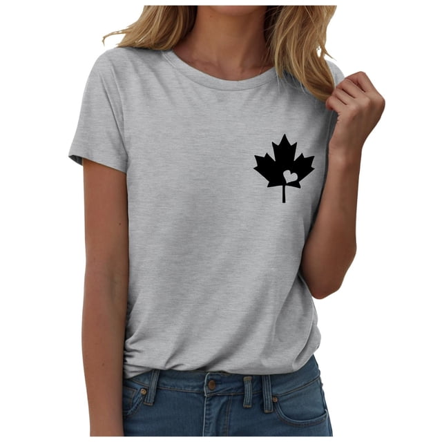WEIYLL T Shirts for Women Canada Maple Leaf Print Proud Statement Grey Tees Sizes M