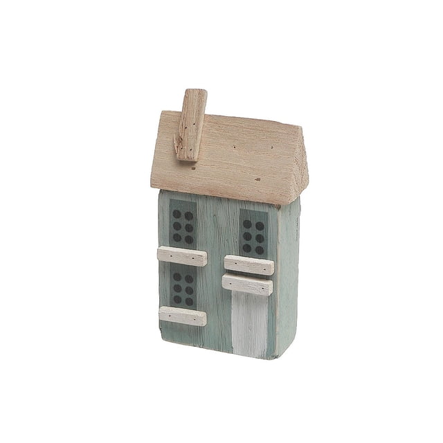 Wooden Single Green House Decor with a pitched natural wood roof and chimney, painted muted green with white door and window shutters, crafted from lightweight wood for tabletop or mantel display, adding quaint charm to home décor.
