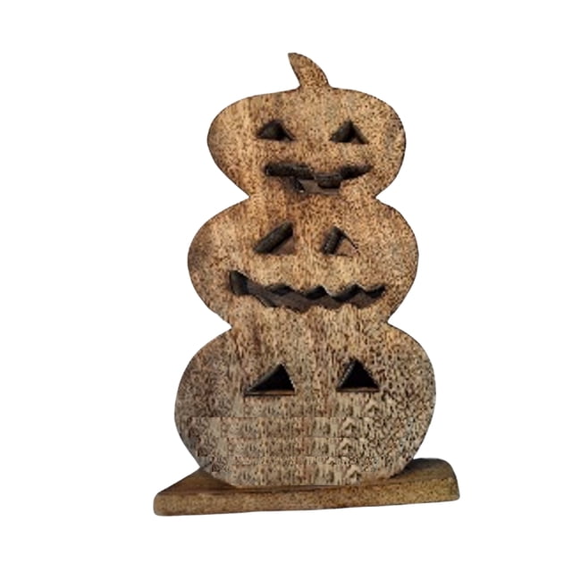 Wood Carved Triple Jack-O-Lantern décor featuring three stacked pumpkins with carved triangular eyes and jagged mouths on a rustic wooden base, made from durable wood for indoor and outdoor Halloween decoration, suitable for adding festive charm to home décor.