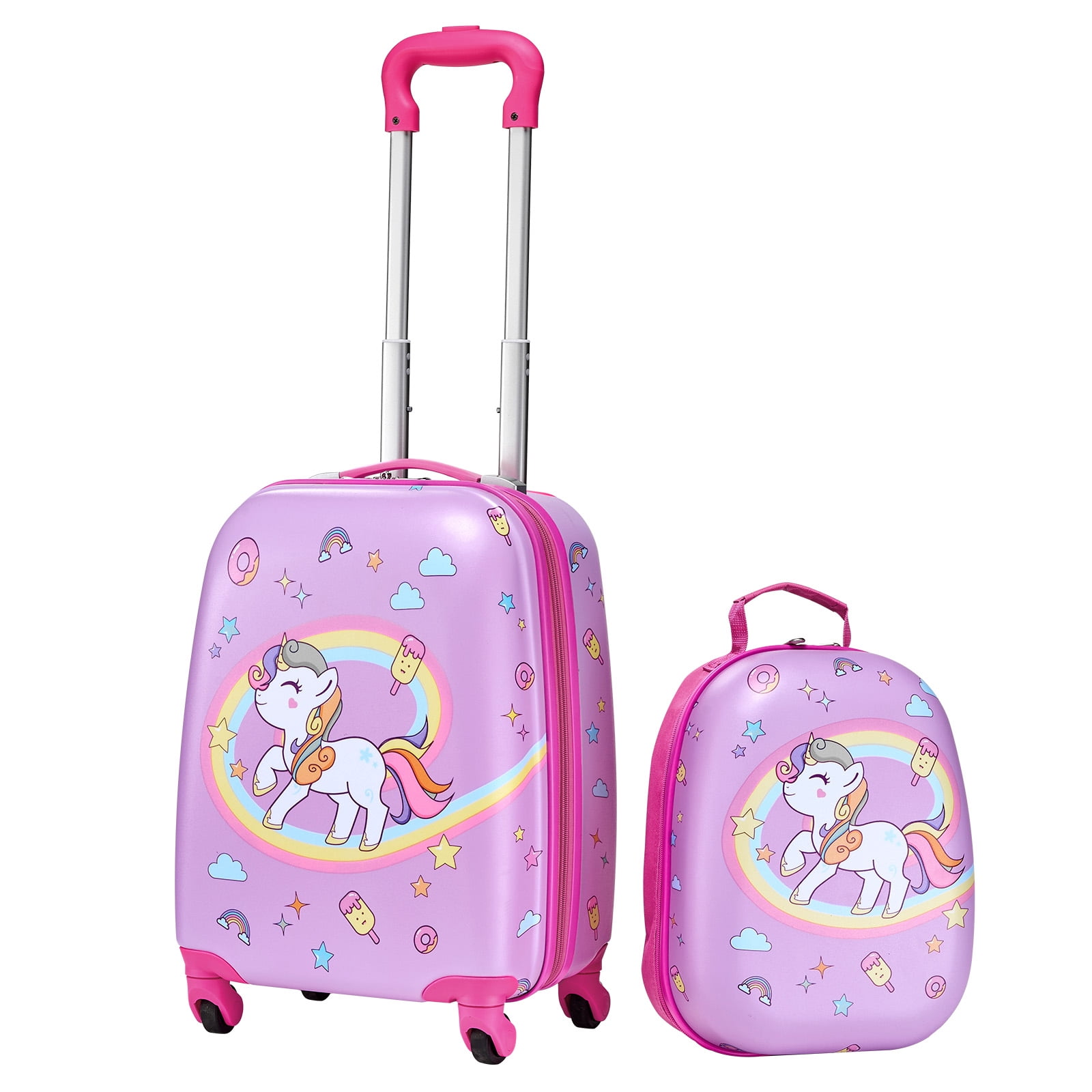 VEVOR Kids Luggage Set, 2 Piece, 18 Inch Hardside Rolling Wheels Suitcase with Hard-Shell Backpack, Unicorn Kids Carry on Luggage Set