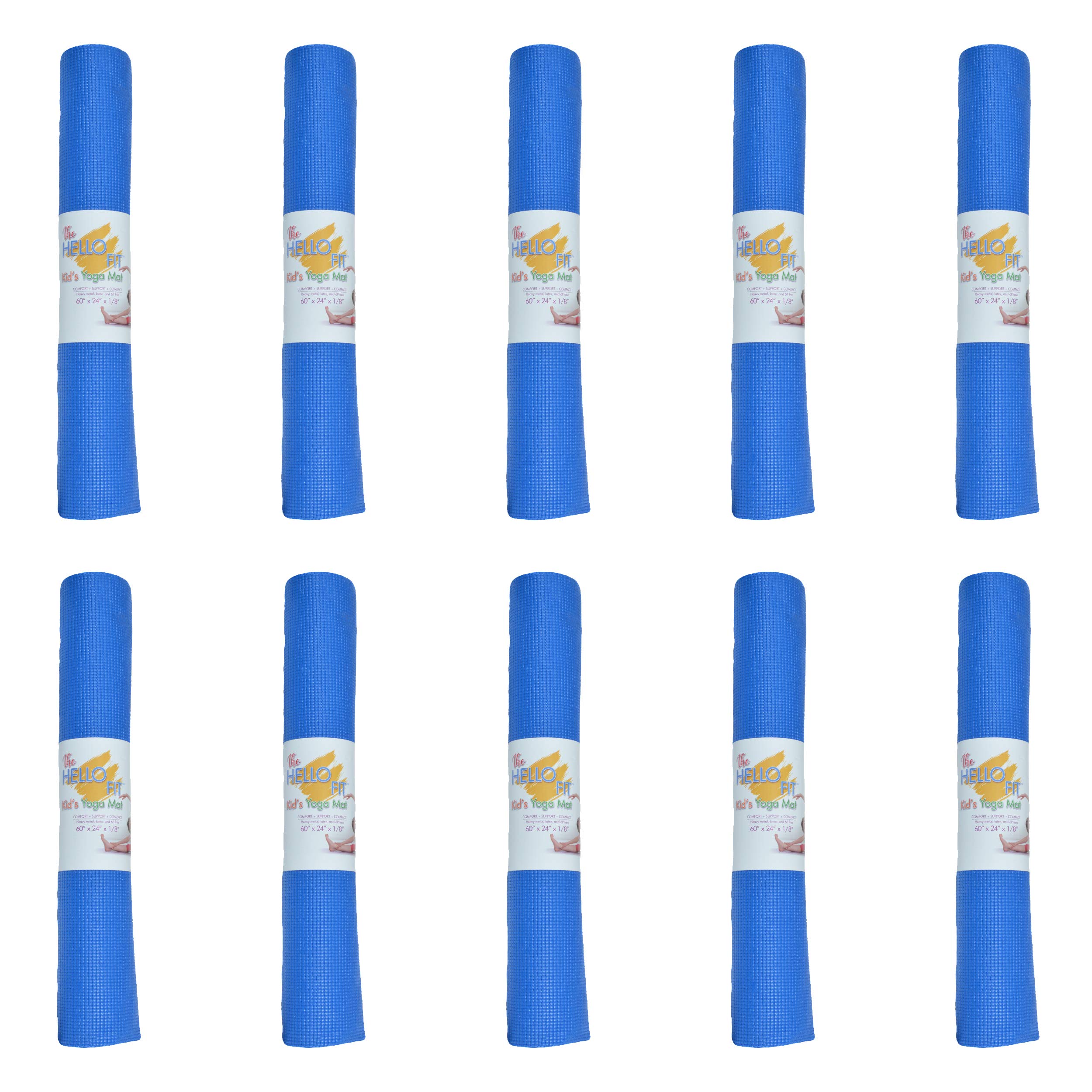 Hello Fit Kids Yoga Mats, 60" x 24" Exercise Mats, 3mm Non Slip Yoga Mat for Boys and Girls, Easy to Clean Kid's Workout Mat for Schools and Classrooms, 10 Pack, Dark Blue