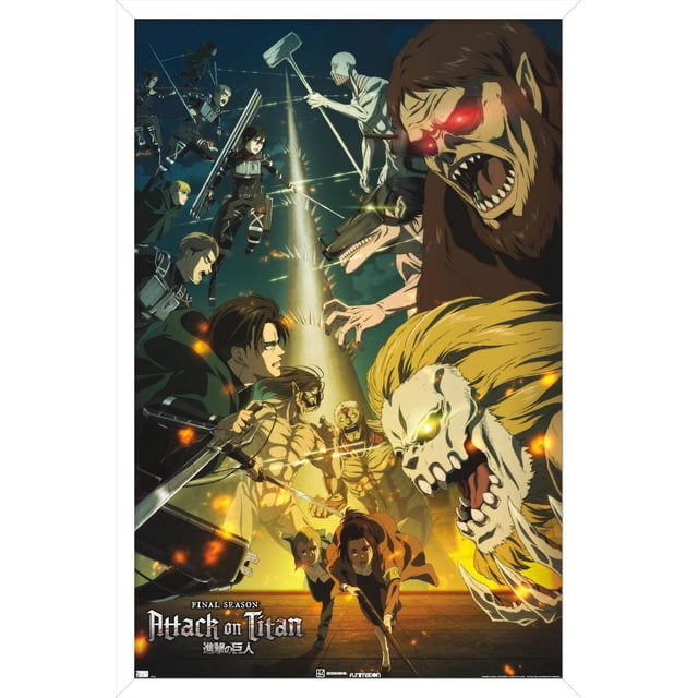 Attack on Titan : Saison 4 - Affiche Murale Visuelle Clé 3 avec Cadre Magnétique, 22,375 Pouces x 34 Pouces Représentant une Scène de Bataille d'Anime intense avec des Soldats Brandissant des Épées et de l'Équipement de Manœuvre Affrontant Plusieurs titans, Dont un Grand Titan aux Yeux Rouges Lumineux et un Titan Squelettique aux Yeux Jaunes Lumineux, sur Fond Sombre avec des Braises Ardentes et une Tour Centrale à Picots, Convient à la Déco Murale à Thème anime.