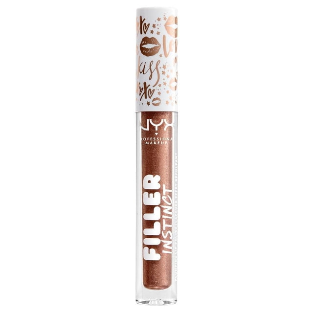 NYX Professional Makeup Filler Instinct Vernis à Lèvres Repulpant en tube Transparent avec Fini bronze Métallique Brillant et Capuchon Blanc Décoré de Lèvres Or rose et Texte « kiss », Offrant une Finition Brillante et Repulpante pour des Lèvres Plus Pulpeuses, Idéal pour Superposer sur du Rouge à Lèvres.