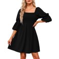 thumbnail image 2 of RKSTN Robes pour Femmes Décontractées Col Carré Manches Bouffantes 3/4 Poitrine Froncée Épaules Dénudées Robe Babydoll Mini, 2 of 9